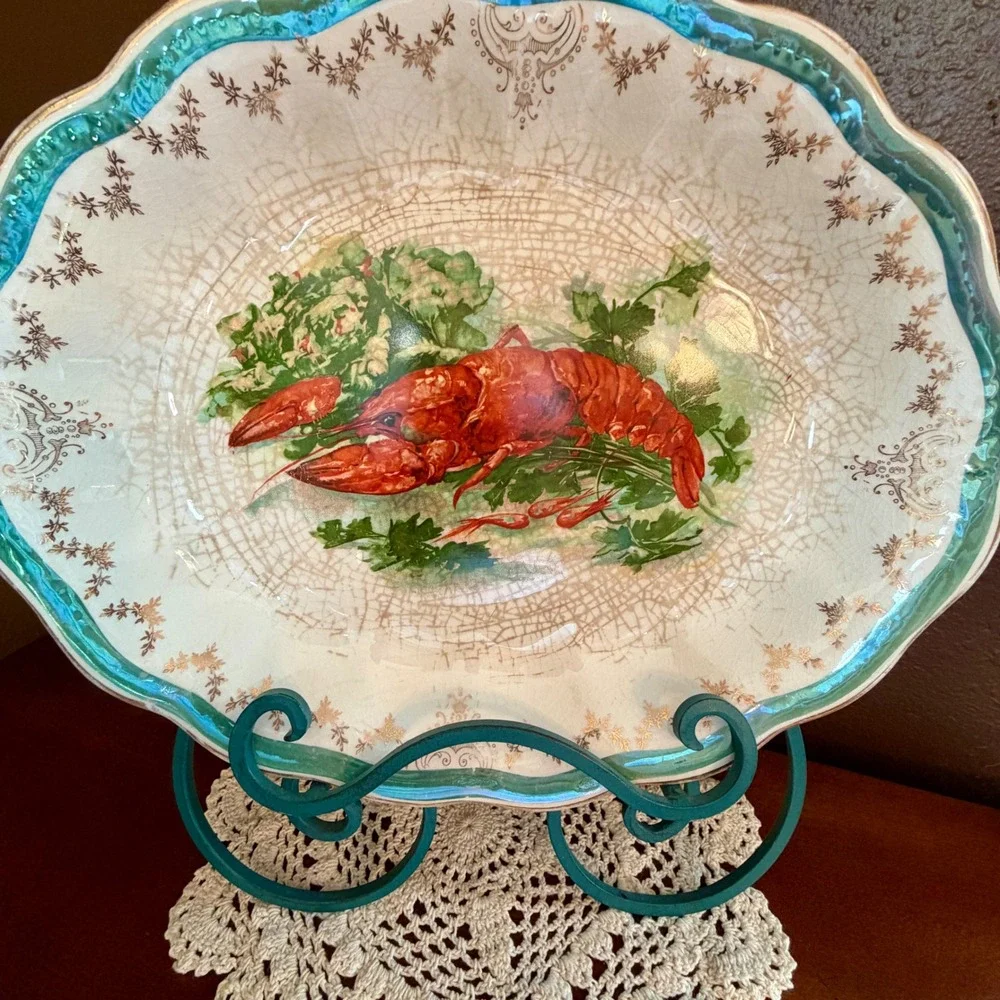 Vintage Sterling China Lobster Oval Serving Platter Scalloped Turquoise Gold 13